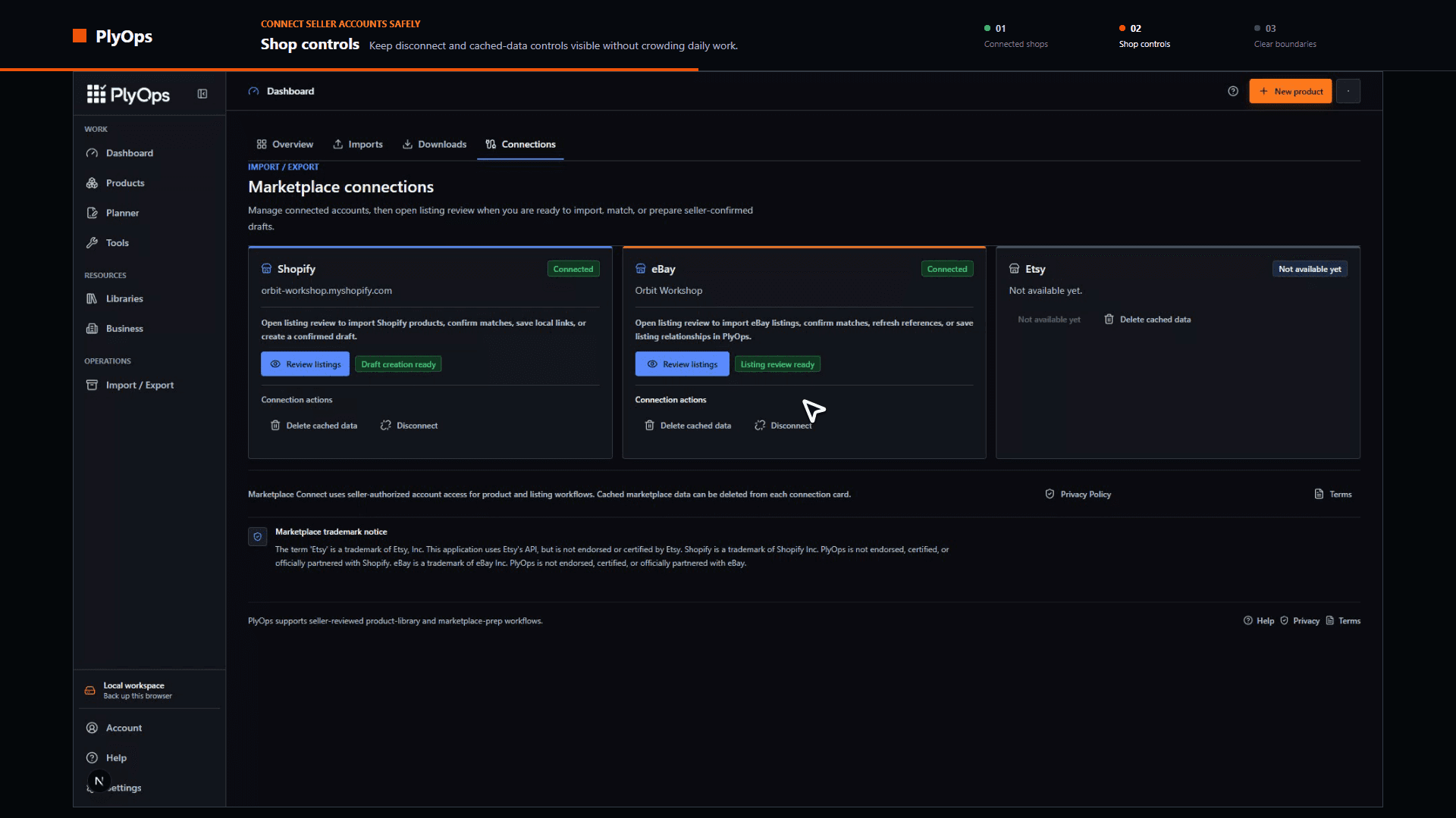 PlyOps Marketplace Connections workspace with separate seller-authorized marketplace cards