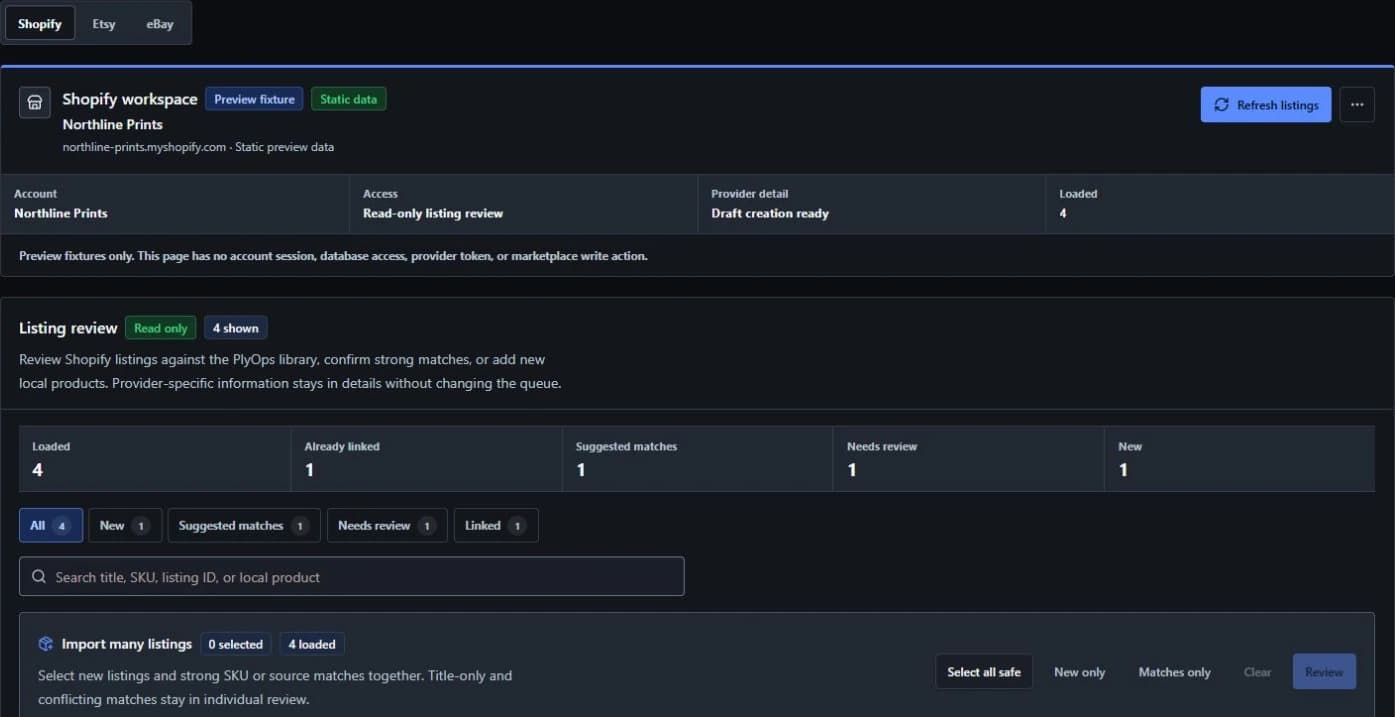 PlyOps marketplace review workspace with listing match states