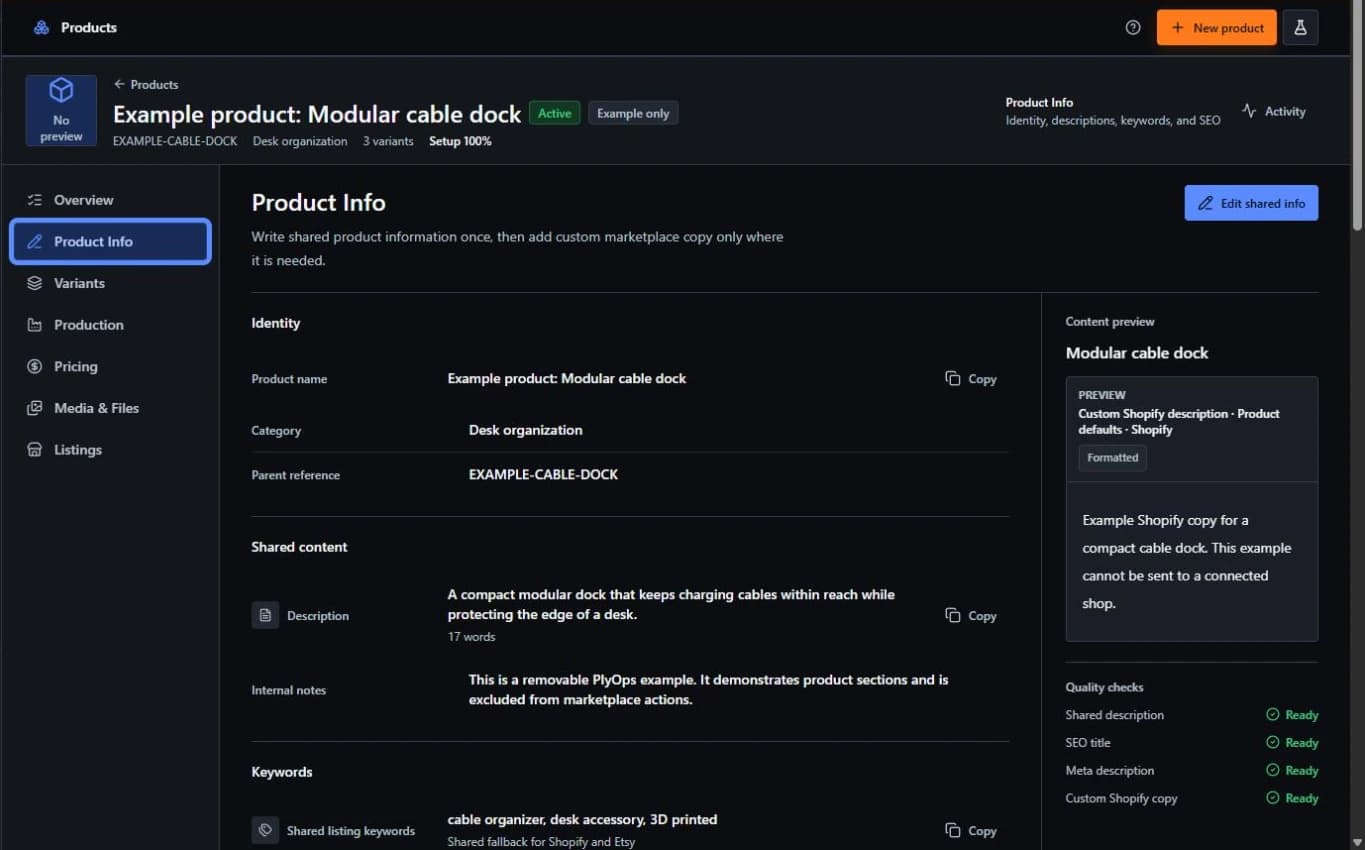 PlyOps product information workspace with shared content and quality checks