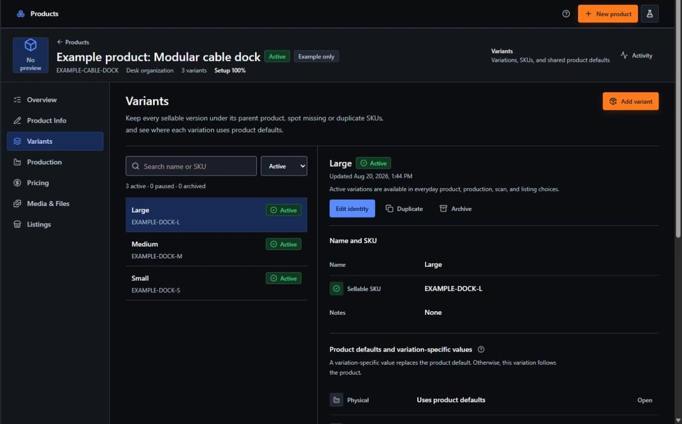 PlyOps variant workspace showing three variants under one product