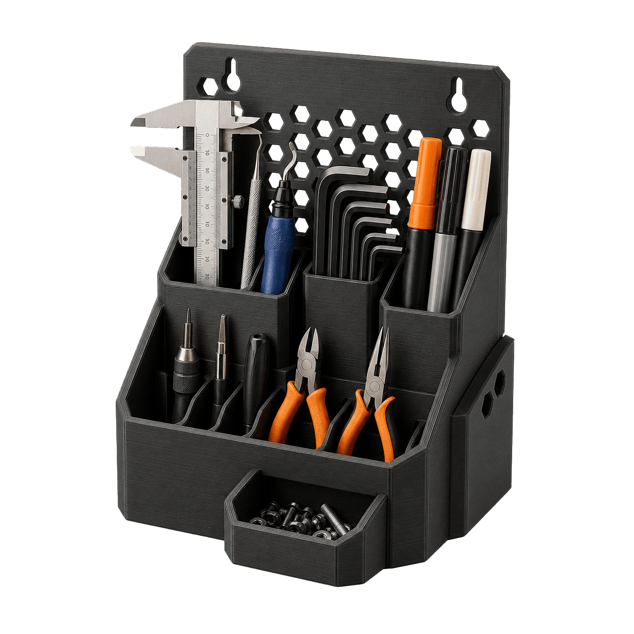 A charcoal 3D-printed modular workbench organizer holding calipers, drivers, hex keys, markers, and pliers.